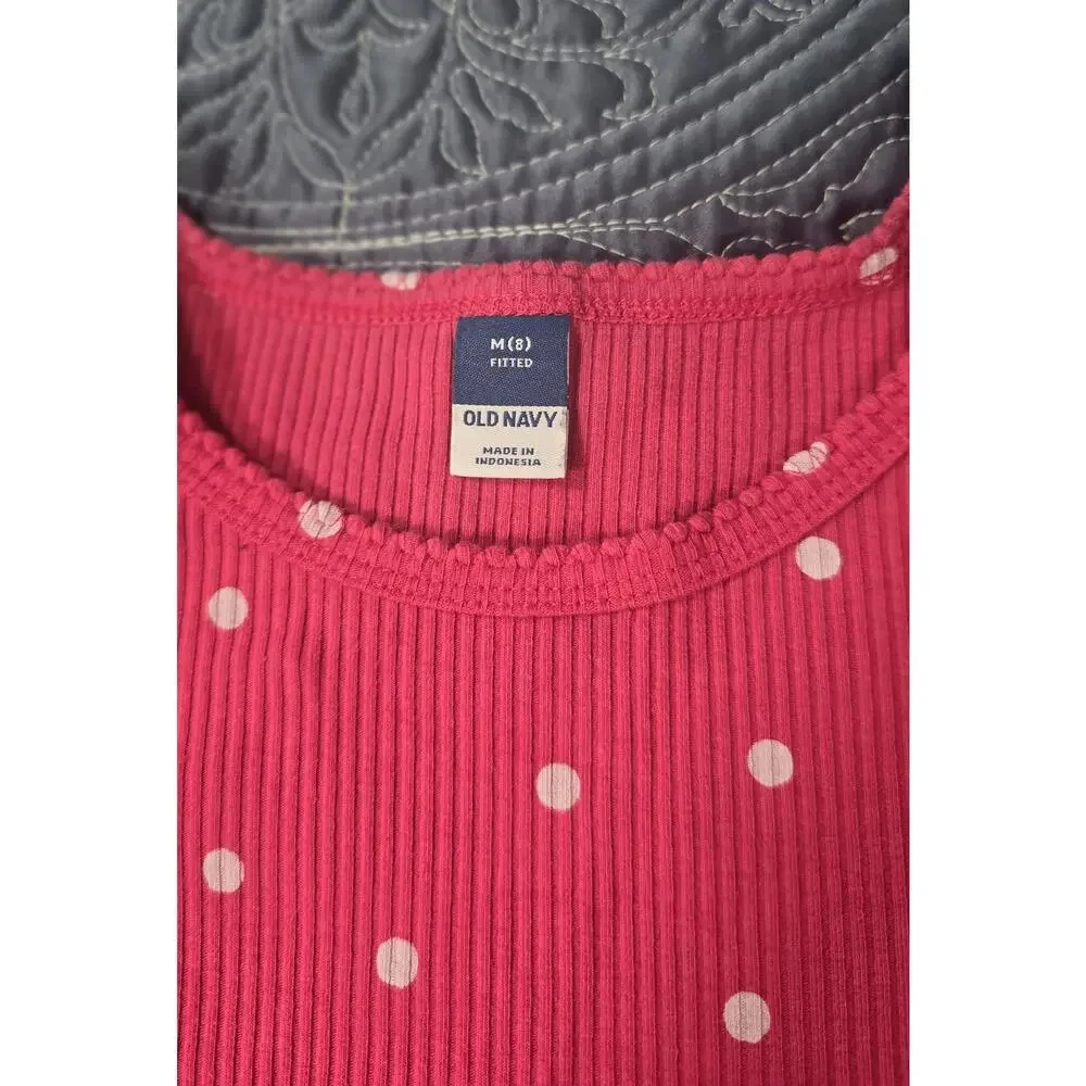 Old Navy Pink Polka Dot Ribbed Lettuce Hem Top Girls Size 8